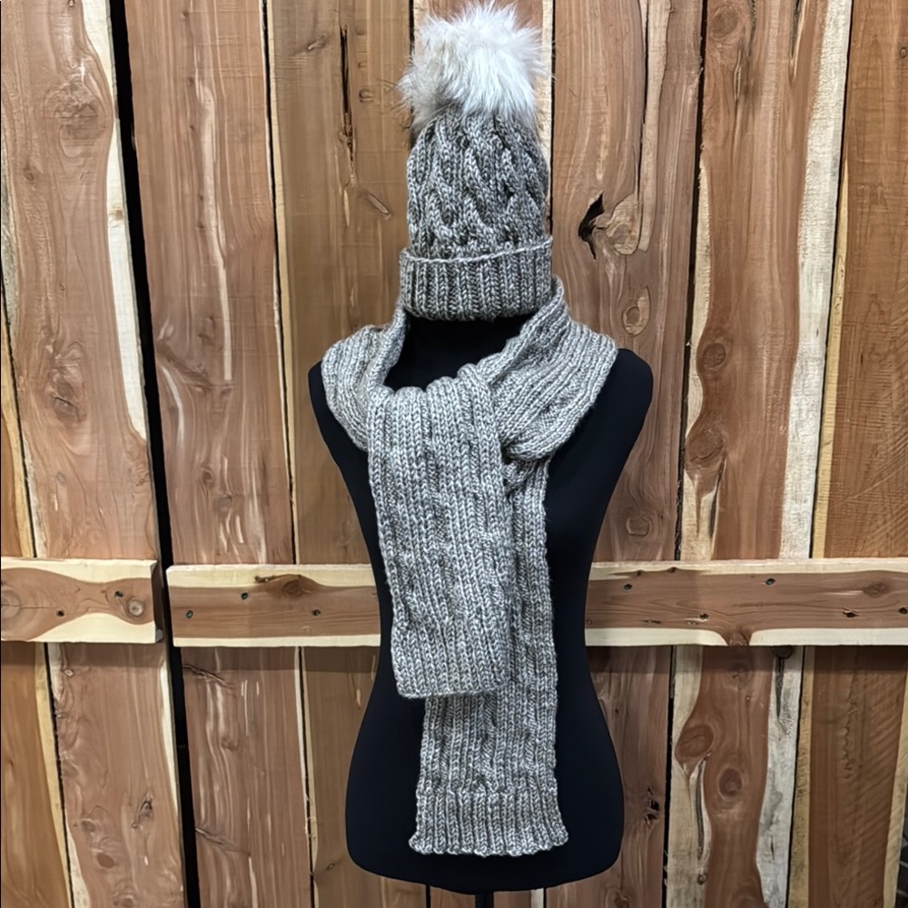 Chunky Taupe Knit Beanie Hat with Pom-Pom and coordinating scarf set